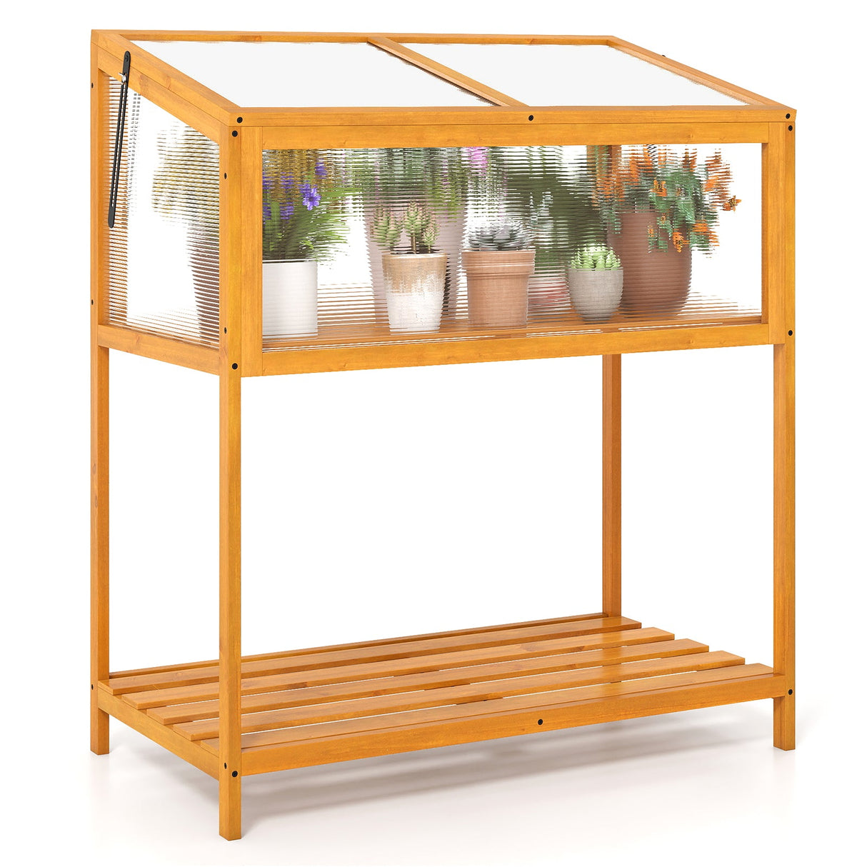 Invernadero de Madera con Techo Transparente Abatible y Estante de Almacenamiento de Listones - Naranja