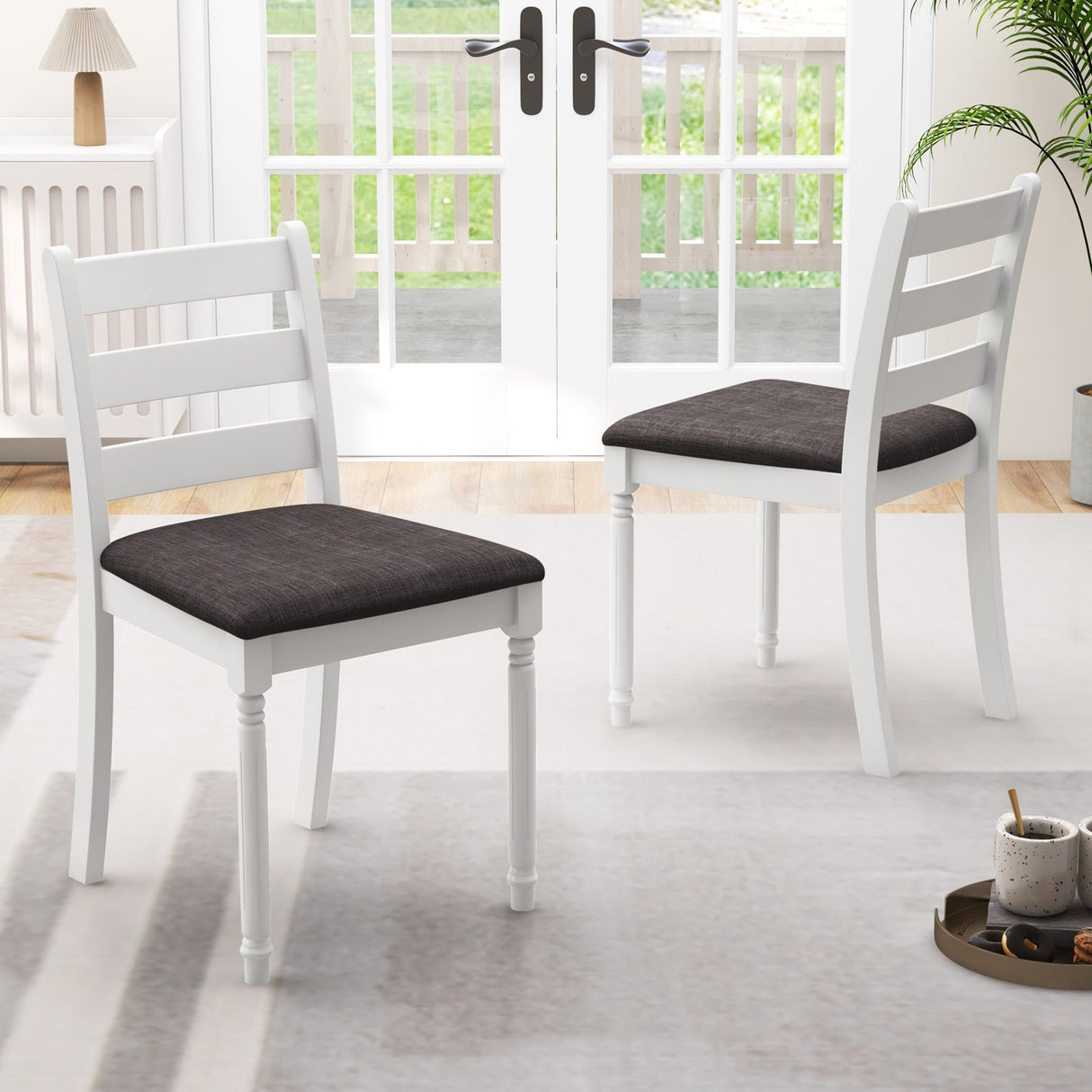 Juego de 2 sillas de comedor de madera de caucho con asiento tapizado - Blanco