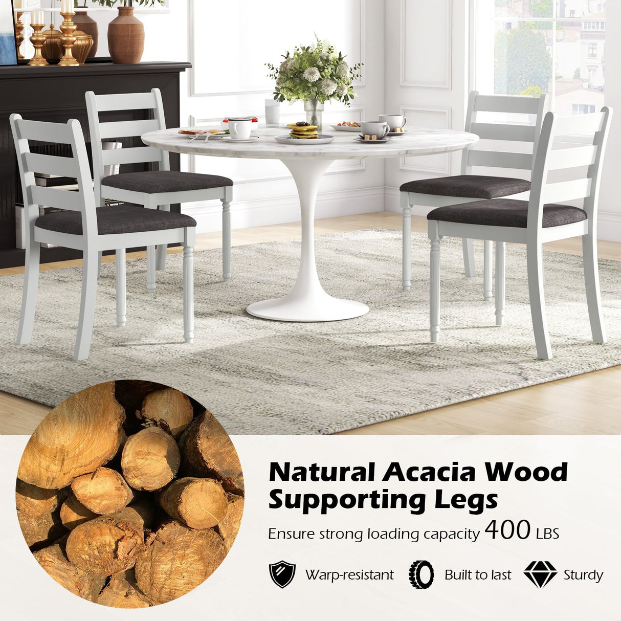 Juego de 2 sillas de comedor de madera de caucho con asiento tapizado - Blanco