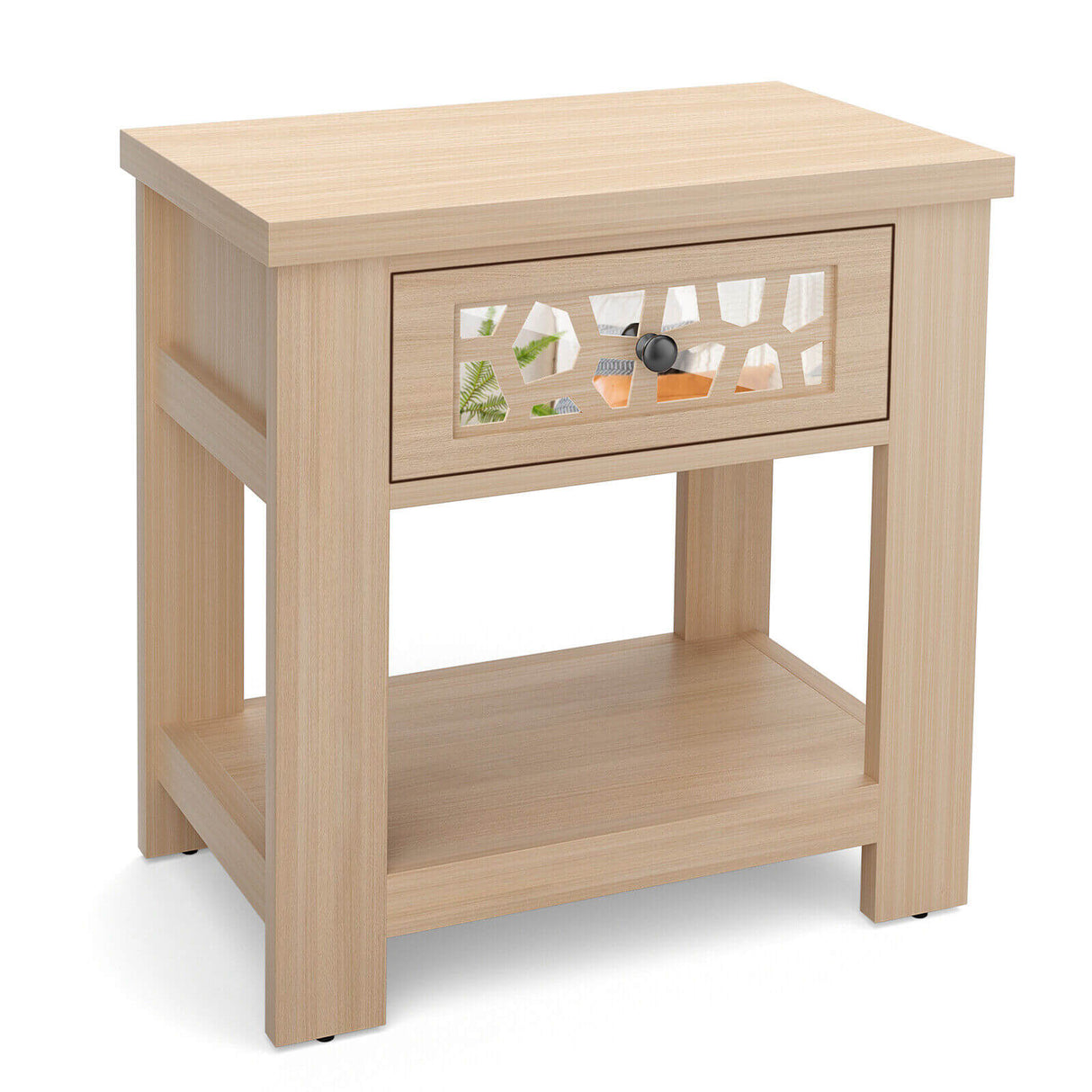 Mesa auxiliar retro de madera con cajón de cristal espejado y estante de almacenamiento abierto