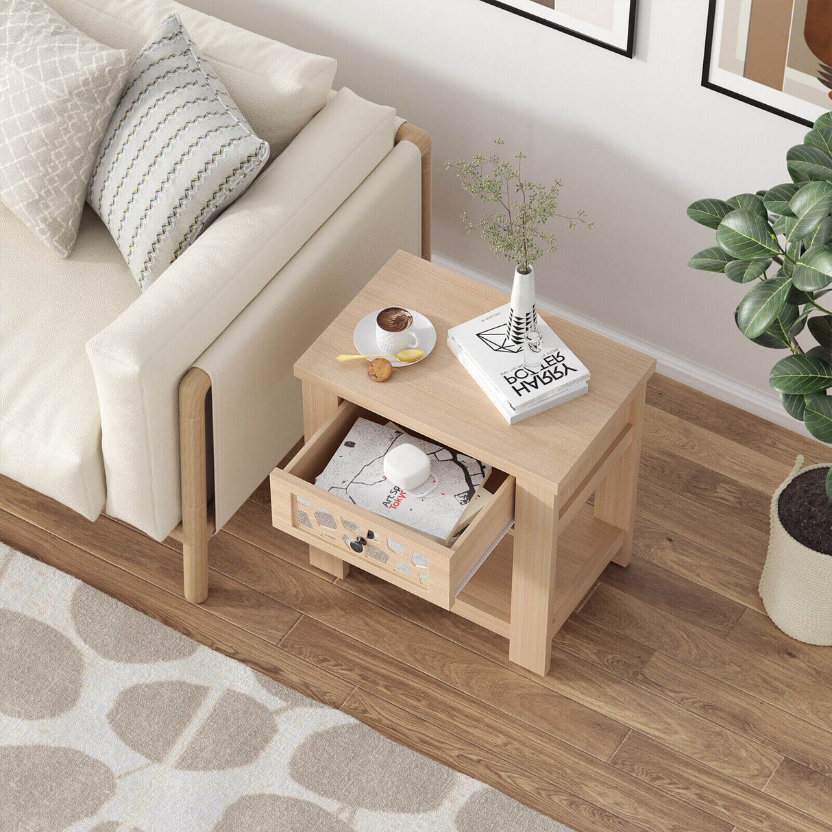 Mesa auxiliar retro de madera con cajón de cristal espejado y estante de almacenamiento abierto