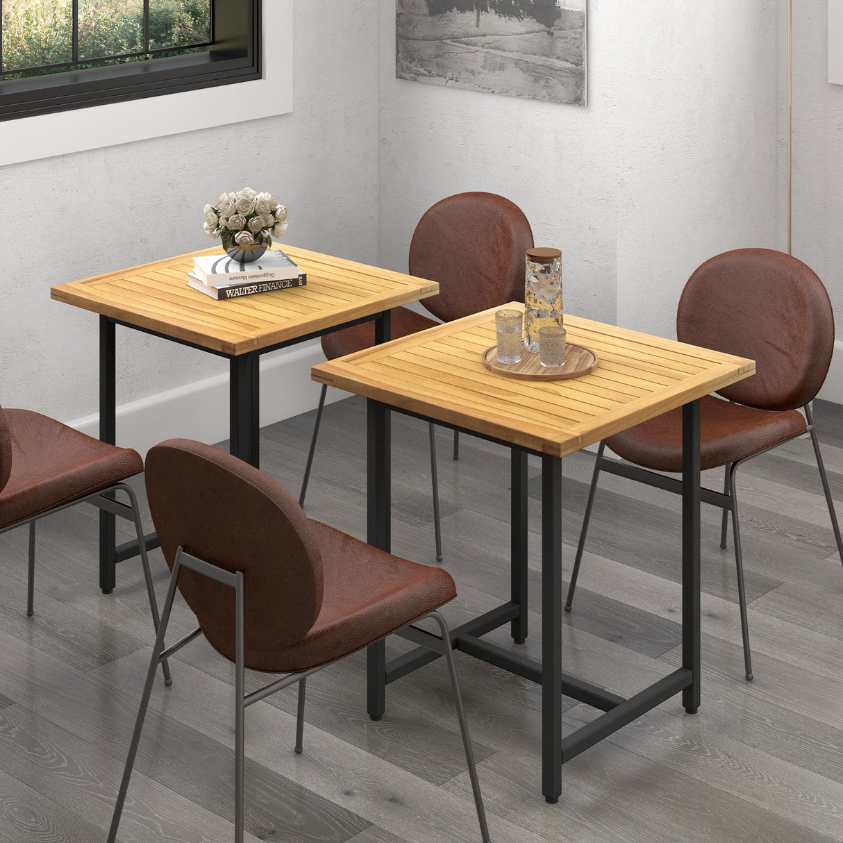 Tablero de panel de madera de teca con listones para interior y exterior, dividido en 2 cuadrados