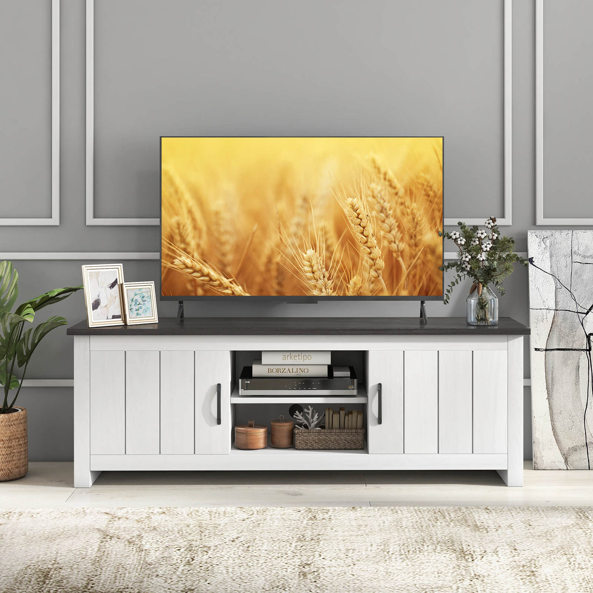 Mueble para TV con 2 armarios y estantes abiertos, para televisores de hasta 65 pulgadas