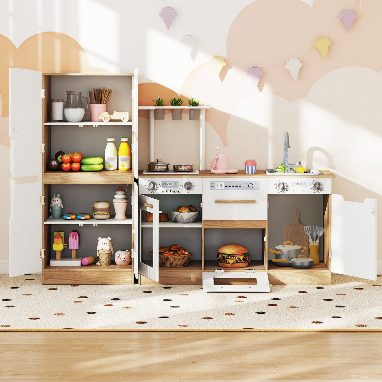 Juego de cocina infantil de madera de 2 piezas con nevera y agua corriente