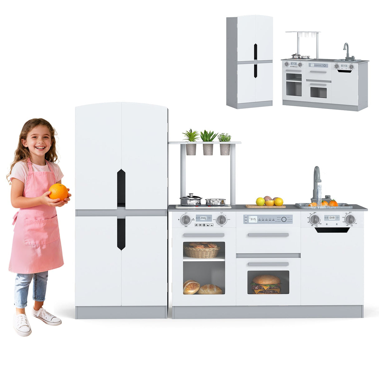 Juego de cocina infantil de madera de 2 piezas con nevera y agua corriente