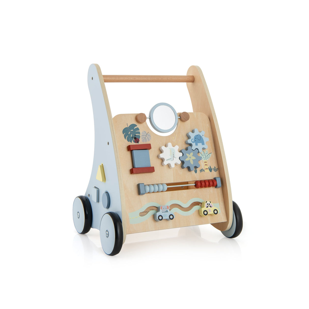Andador de arrastre y empuje de madera con centro de aprendizaje de múltiples actividades