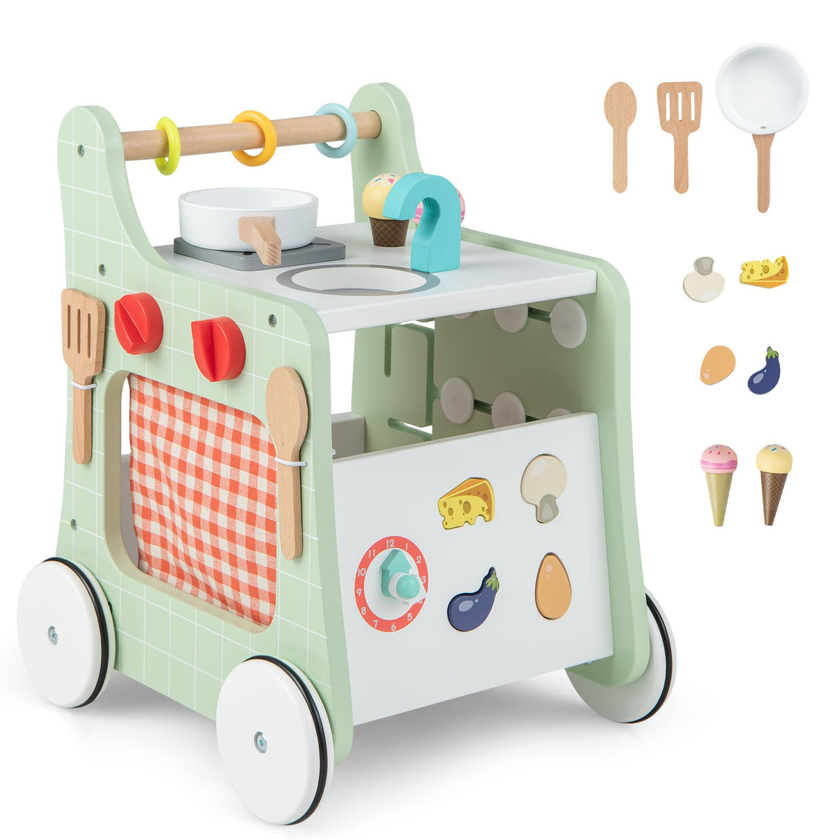 Cochecito de bebé de madera 6 en 1 con cocina de juguete para niños mayores de 12 meses