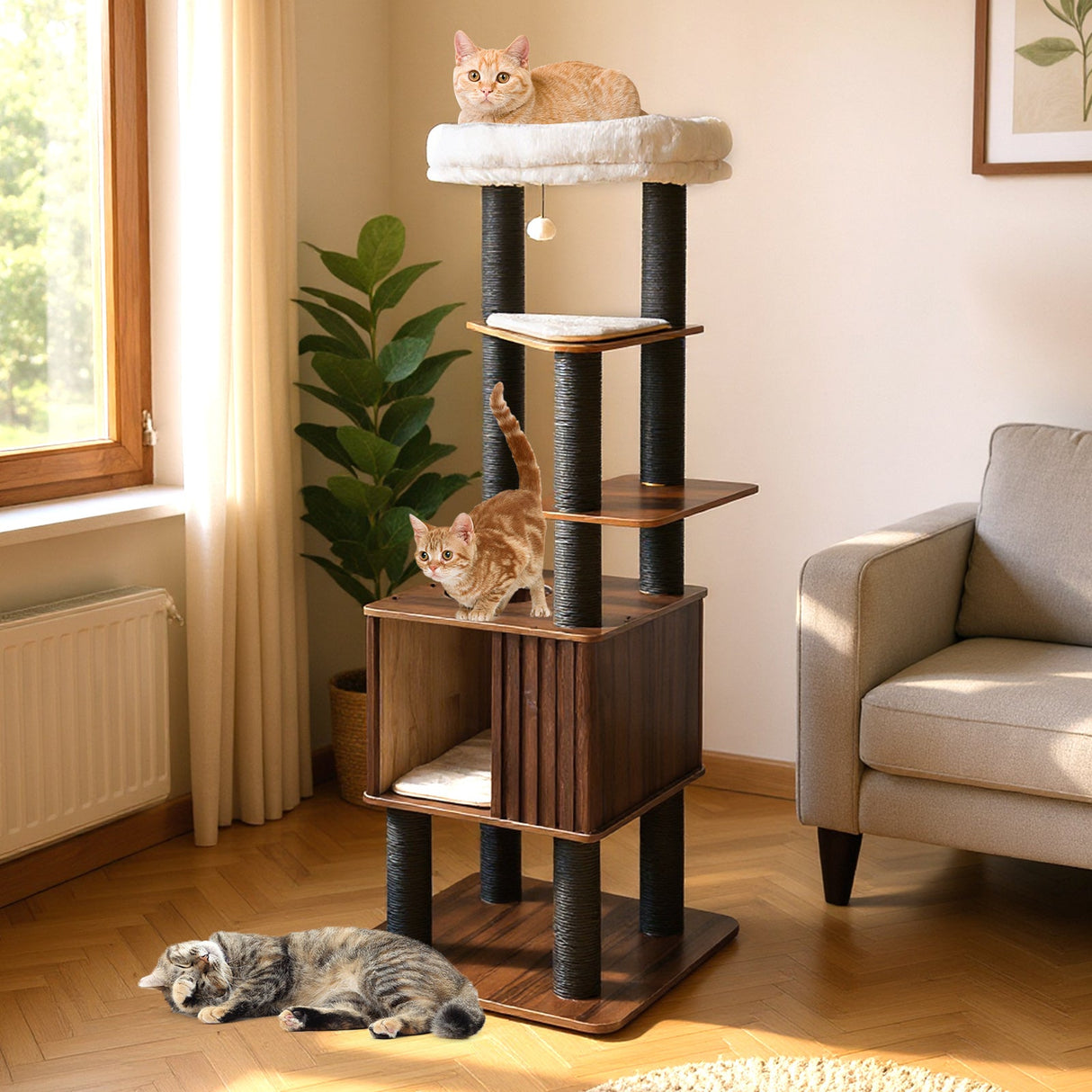 Rascador de Gato de Madera con Plataforma Superior Acolchada Suave - Marrón