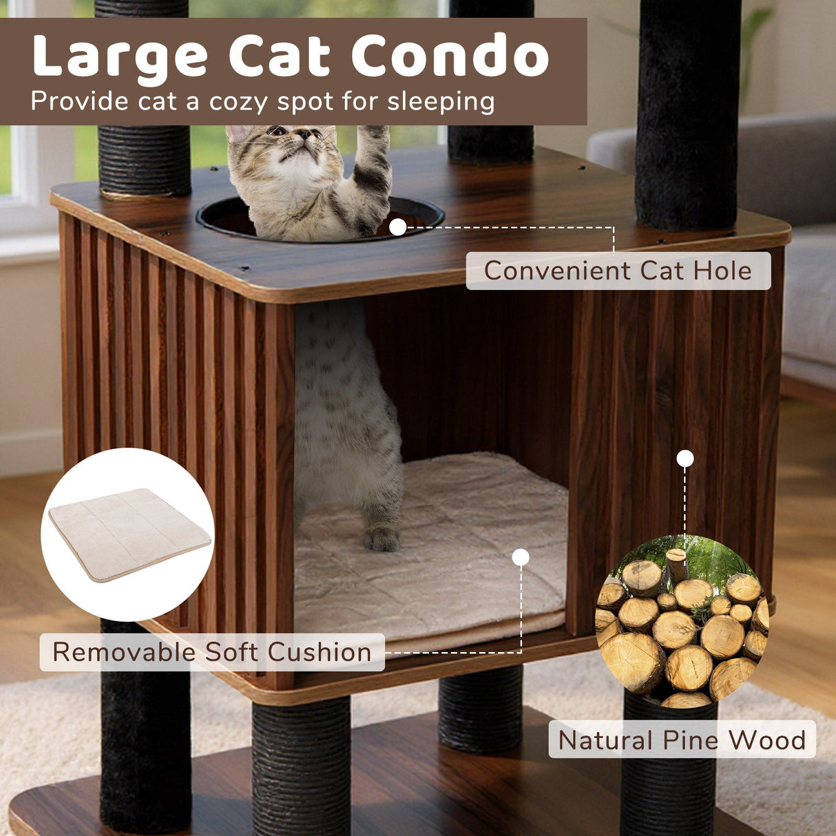 Rascador de Gato de Madera con Plataforma Superior Acolchada Suave - Marrón