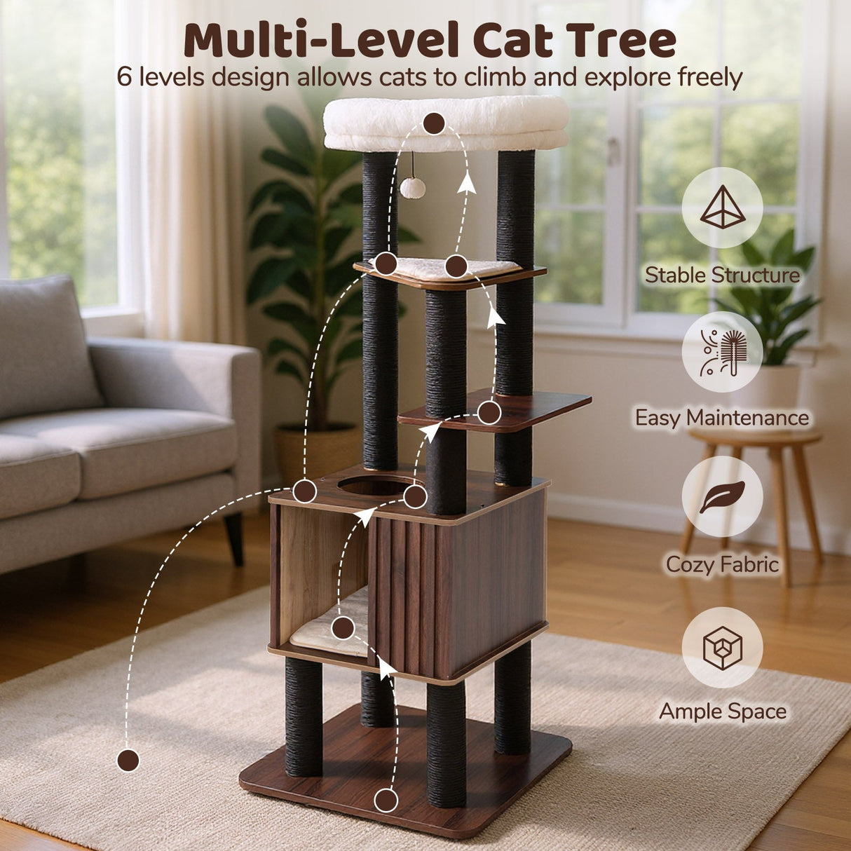 Rascador de Gato de Madera con Plataforma Superior Acolchada Suave - Marrón