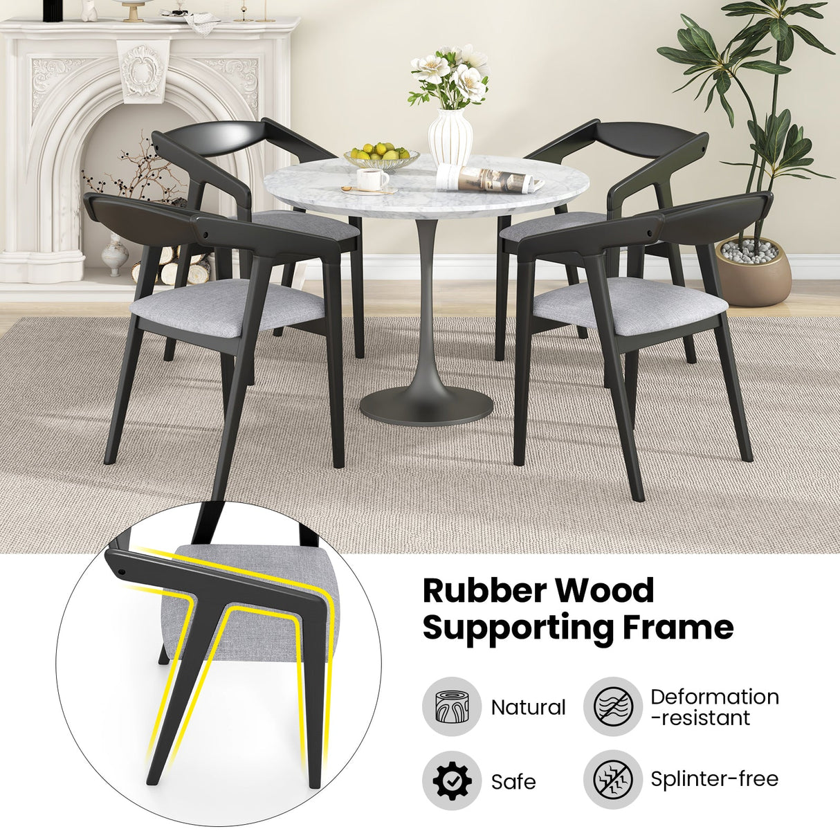 Wooden Dining Chair Set of 2 with Rubber Wood Frame Armrests and Padded Cushion-black