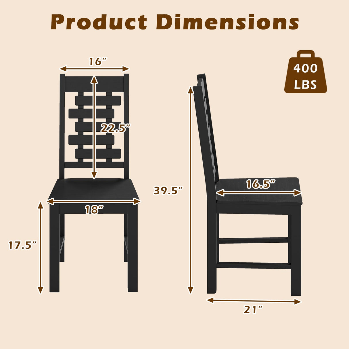 Juego de 2 sillas de comedor de madera maciza de caucho para cocina