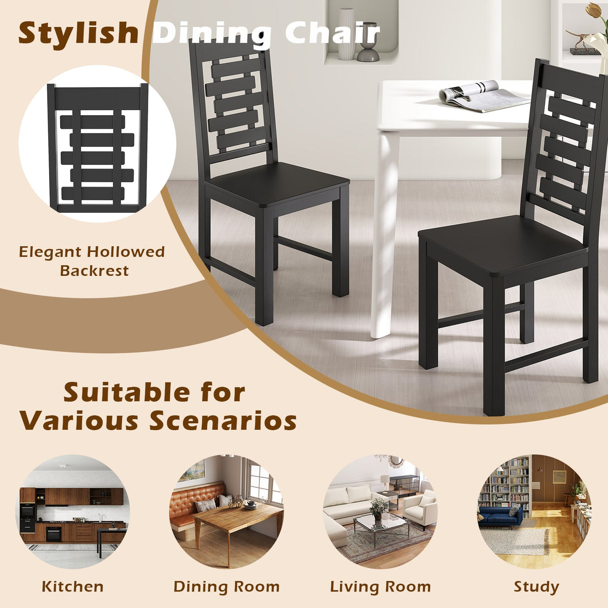 Juego de 2 sillas de comedor de madera maciza de caucho para cocina