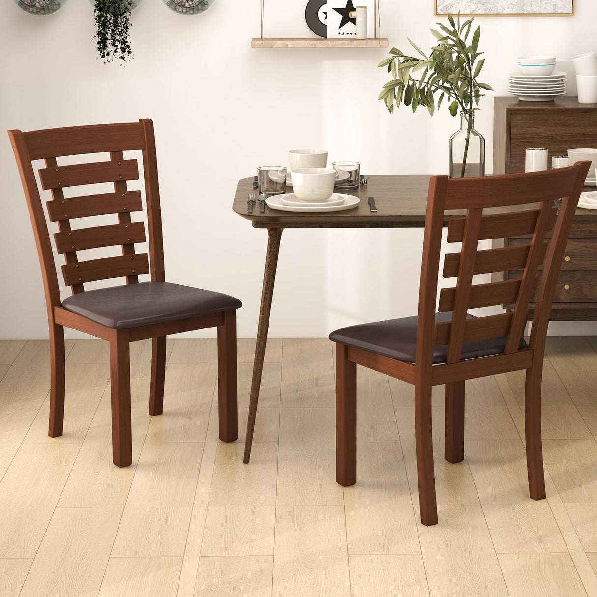 Juego de 2 sillas de comedor de madera con asiento tapizado y estructura de madera de caucho - Marrón