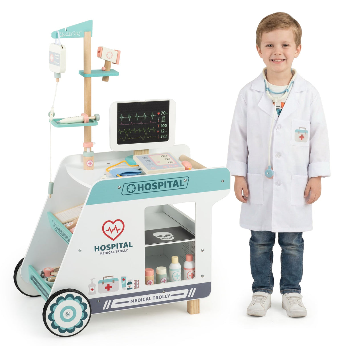 Juguete de médico de madera para niños, kit de doctor para juegos de imitación con carrito, regalo para niños y niñas de 3 años en adelante