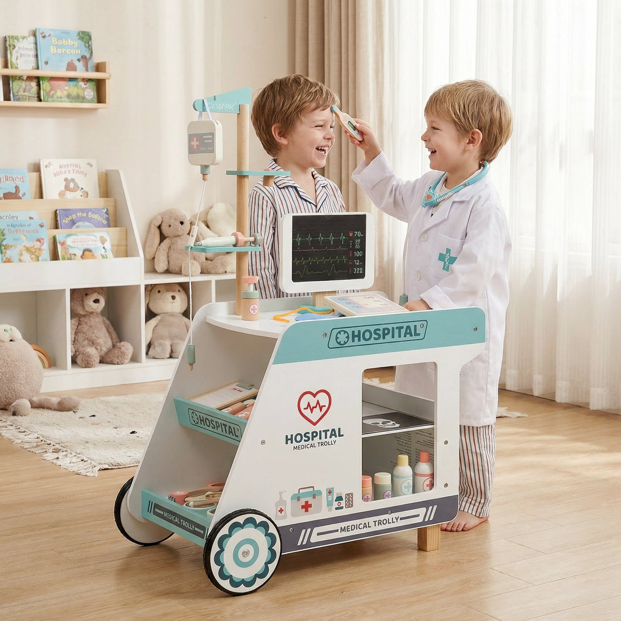 Juguete de médico de madera para niños, kit de doctor para juegos de imitación con carrito, regalo para niños y niñas de 3 años en adelante