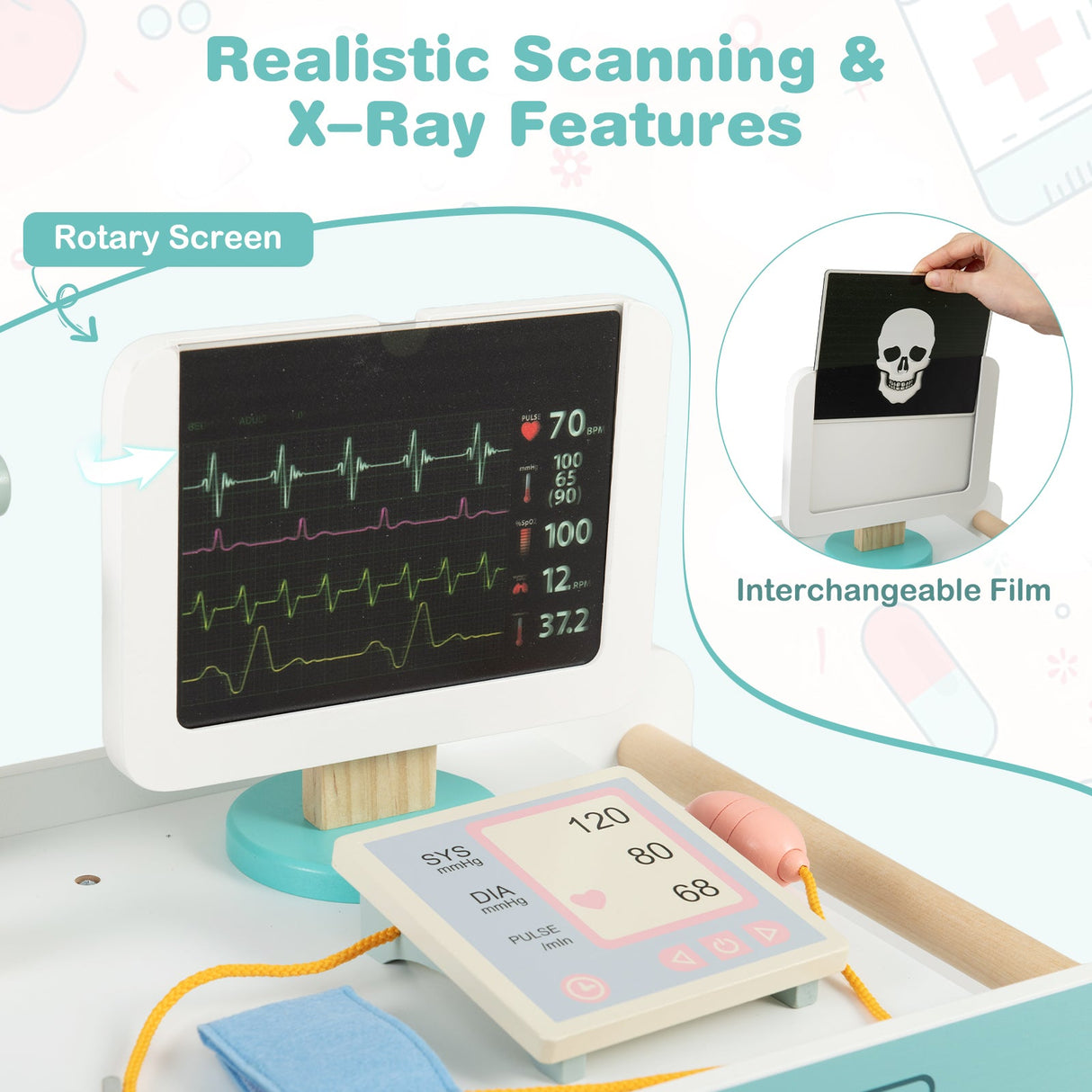 Juguete de médico de madera para niños, kit de doctor para juegos de imitación con carrito, regalo para niños y niñas de 3 años en adelante