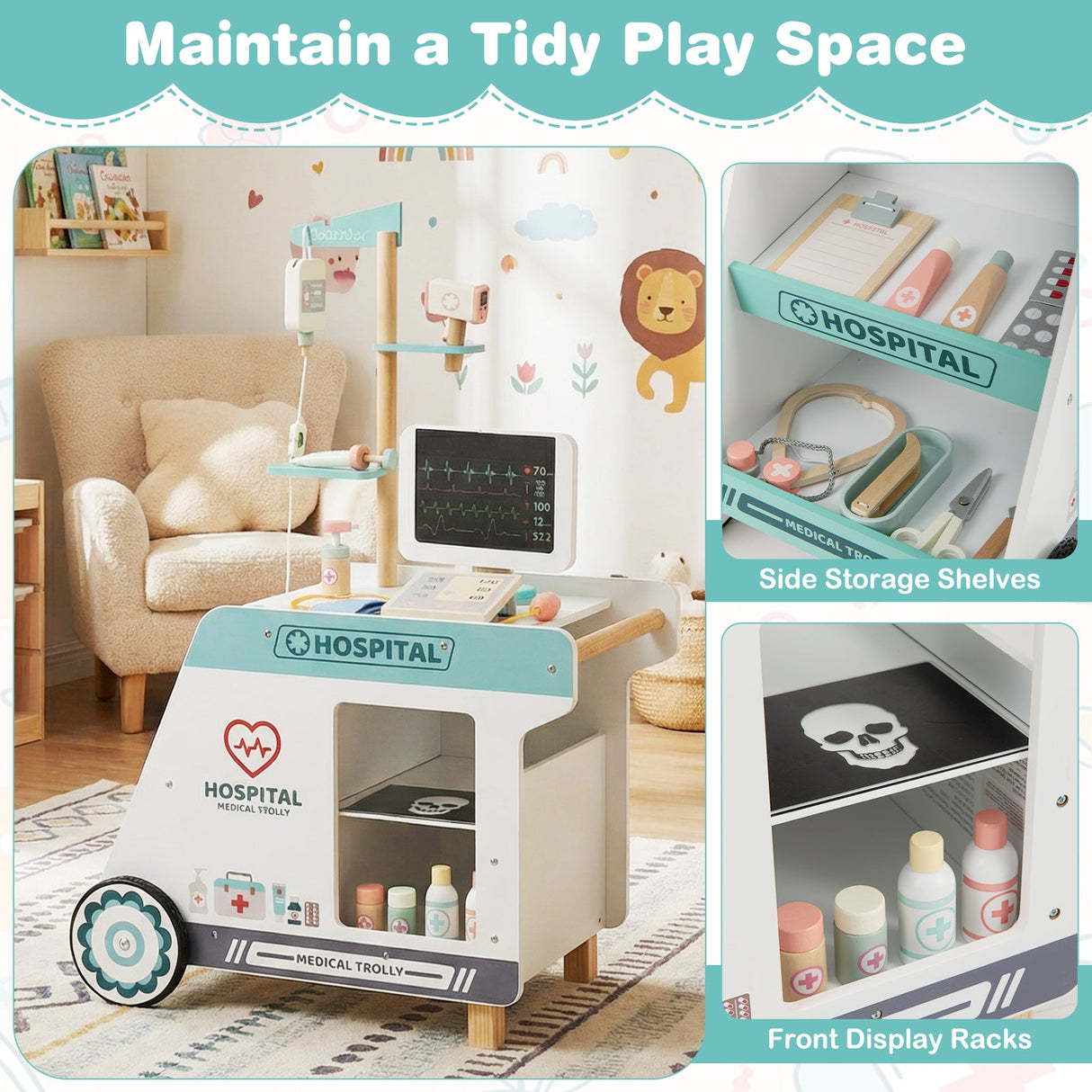 Juguete de médico de madera para niños, kit de doctor para juegos de imitación con carrito, regalo para niños y niñas de 3 años en adelante