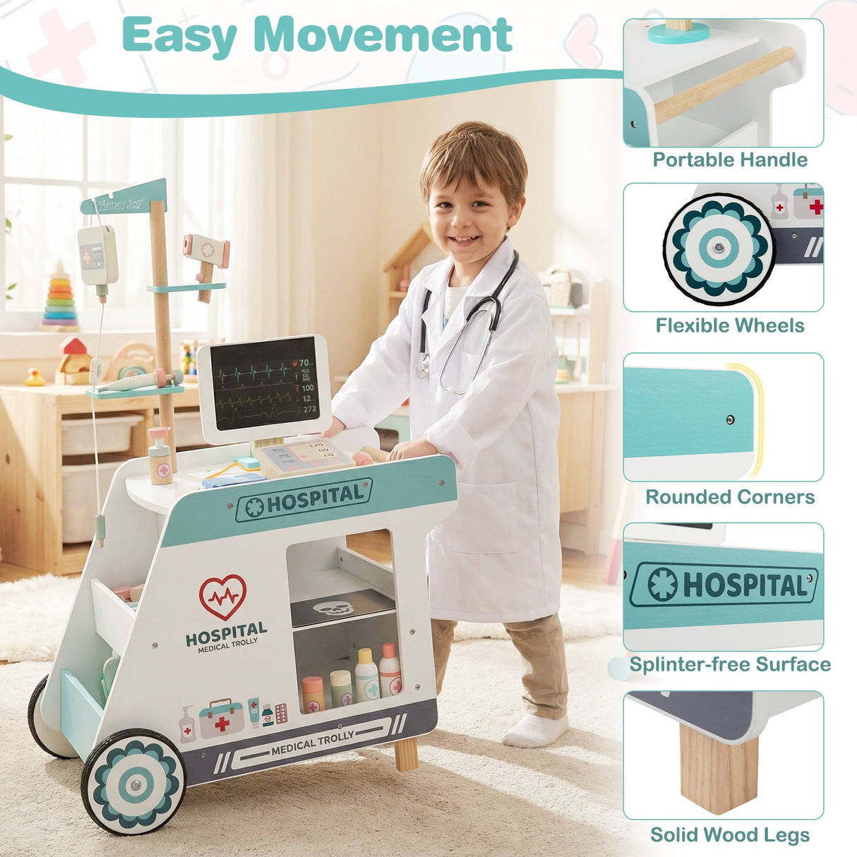 Juguete de médico de madera para niños, kit de doctor para juegos de imitación con carrito, regalo para niños y niñas de 3 años en adelante