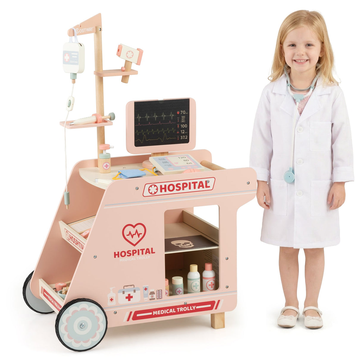 Juguete de médico de madera para niños, kit de doctor para juegos de imitación con carrito, regalo para niños y niñas de 3 años en adelante