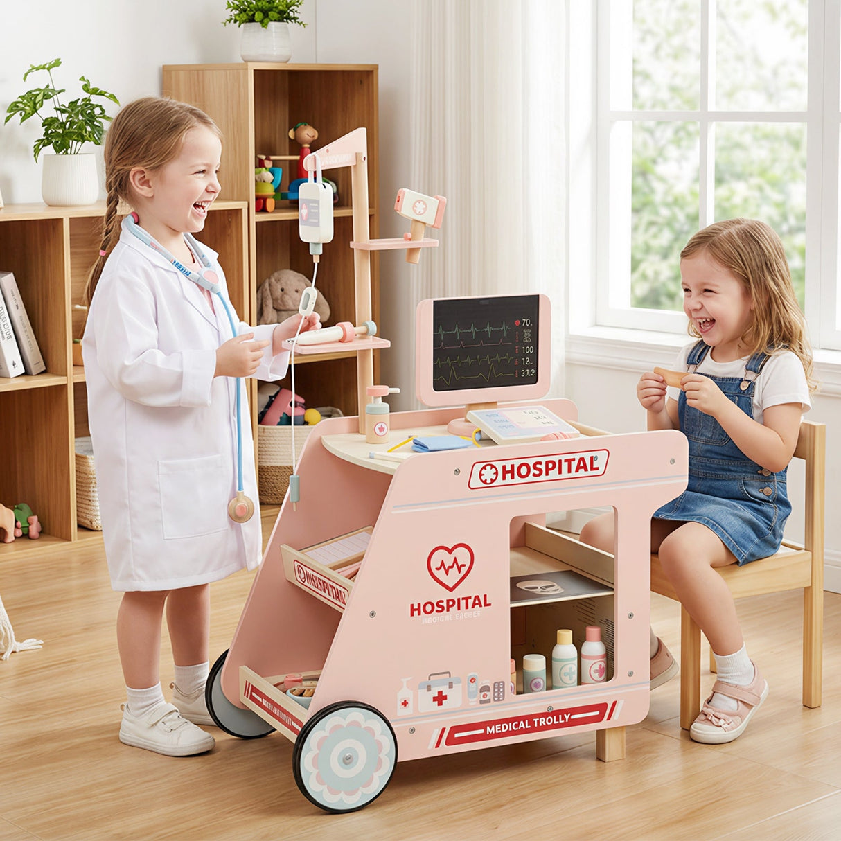Juguete de médico de madera para niños, kit de doctor para juegos de imitación con carrito, regalo para niños y niñas de 3 años en adelante