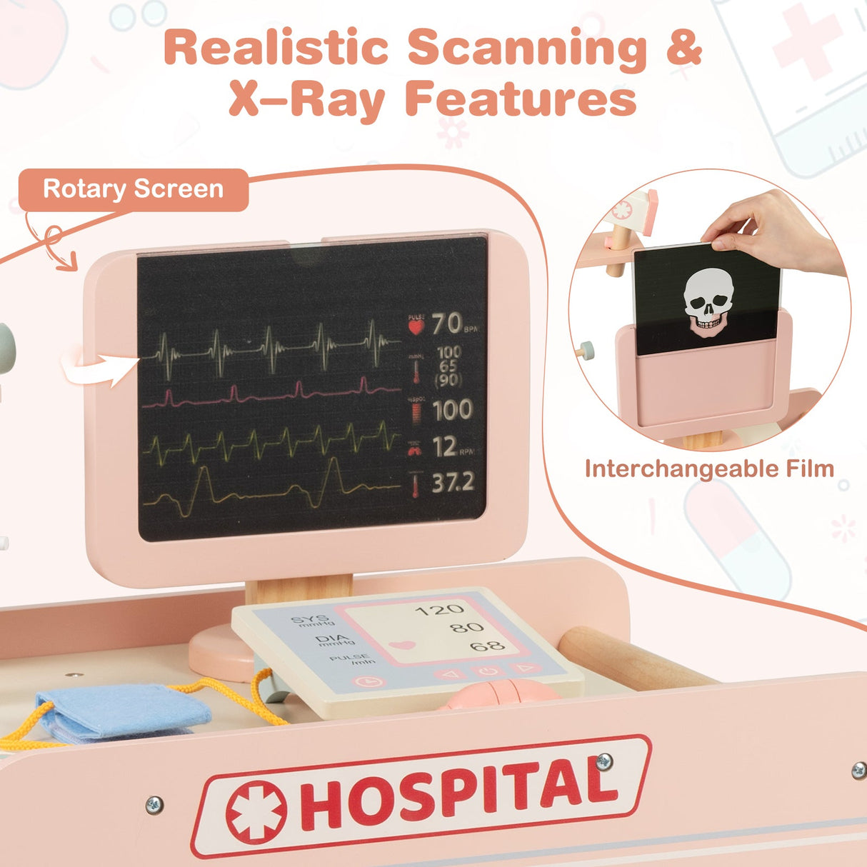 Juguete de médico de madera para niños, kit de doctor para juegos de imitación con carrito, regalo para niños y niñas de 3 años en adelante