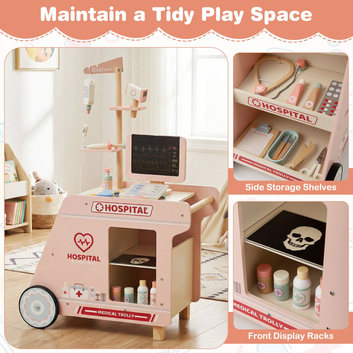 Juguete de médico de madera para niños, kit de doctor para juegos de imitación con carrito, regalo para niños y niñas de 3 años en adelante