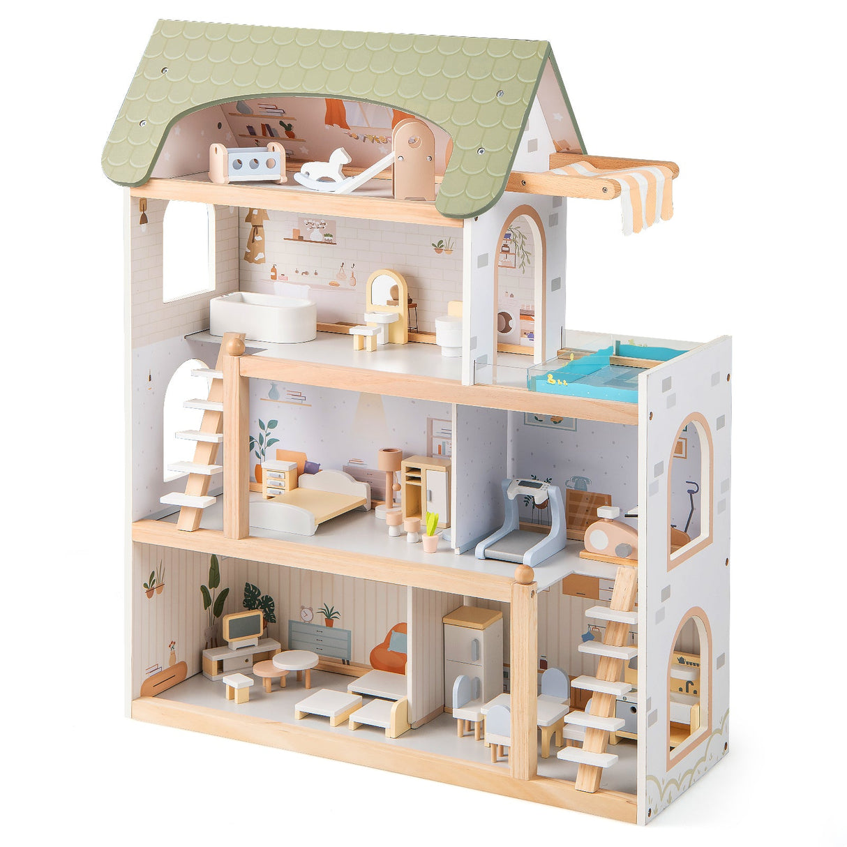 Casa de muñecas de madera para niños, casa de juegos de simulación con 33 accesorios de muebles - Verde