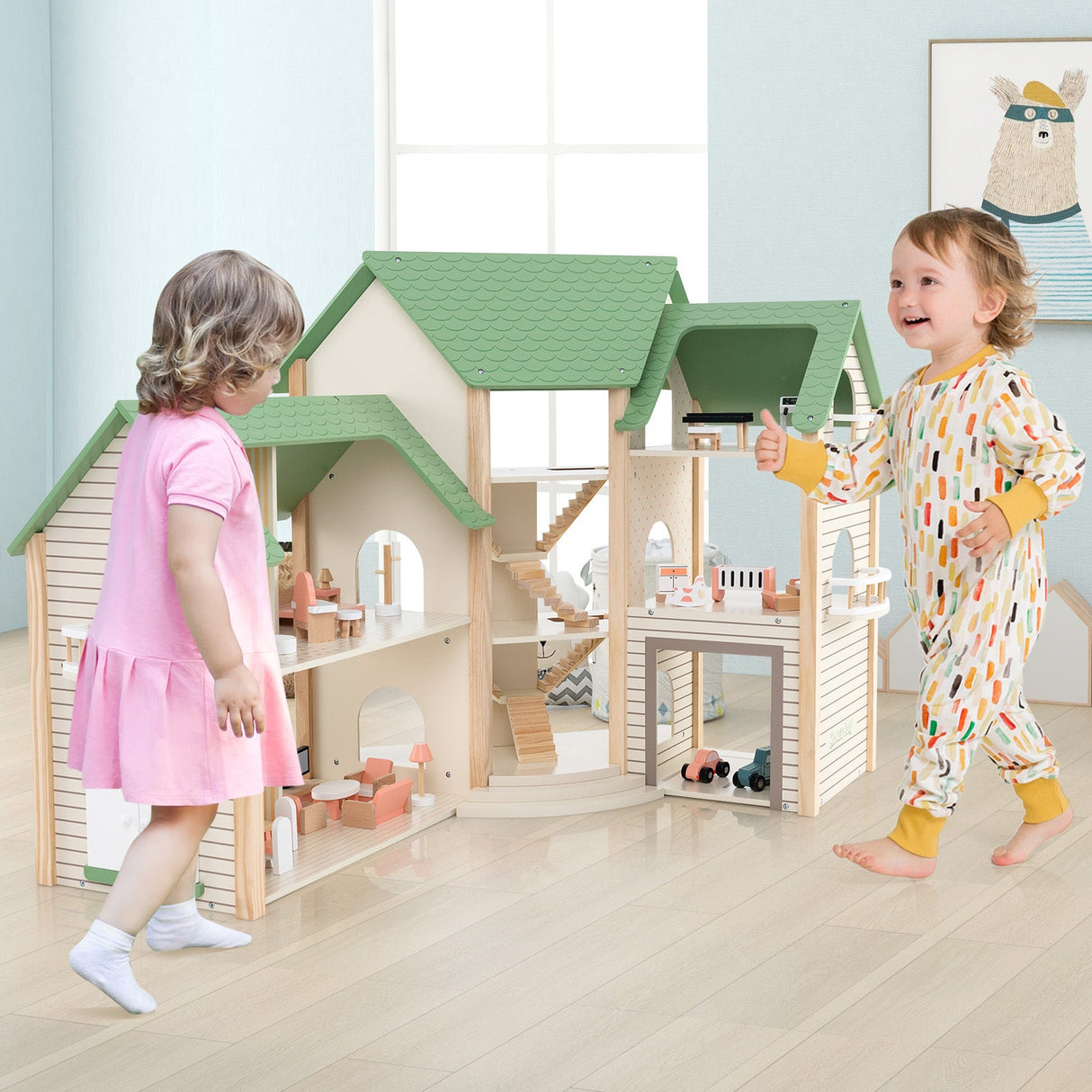 Casa de Muñecas de Esquina de Madera con 6 Habitaciones y 36 Piezas para Niños de 3+ Años-Verde