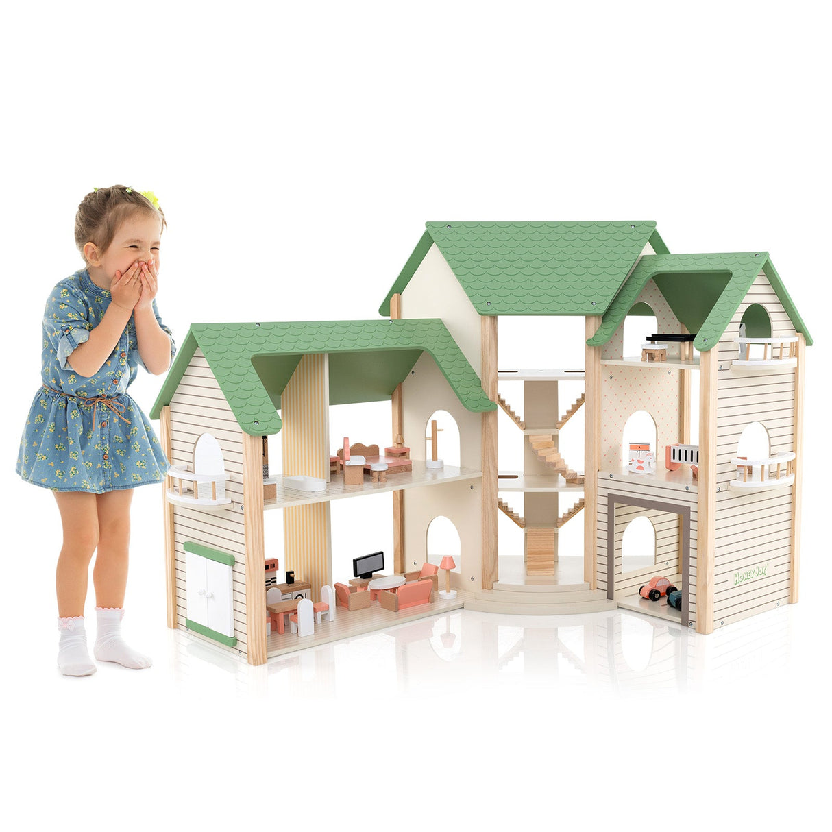 Casa de Muñecas de Esquina de Madera con 6 Habitaciones y 36 Piezas para Niños de 3+ Años-Verde