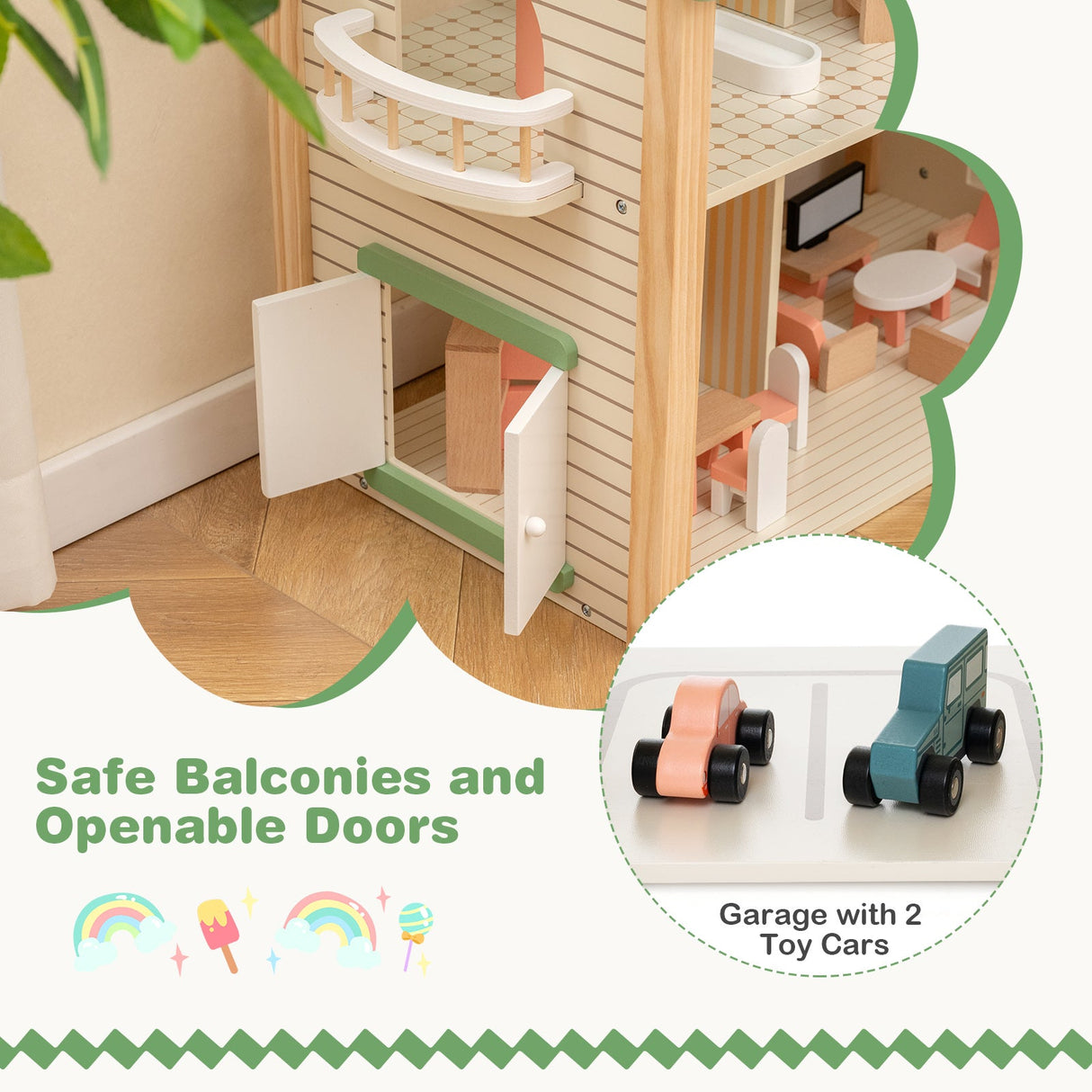 Casa de Muñecas de Esquina de Madera con 6 Habitaciones y 36 Piezas para Niños de 3+ Años-Verde