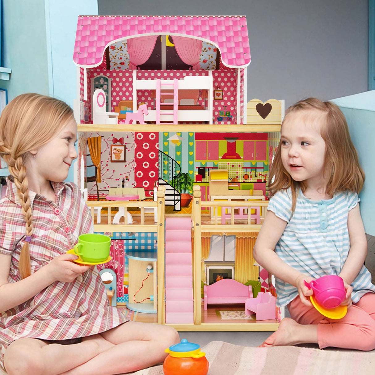 Casa de muñecas con 3 pisos, 6 habitaciones simuladas y 15 muebles - Rosa