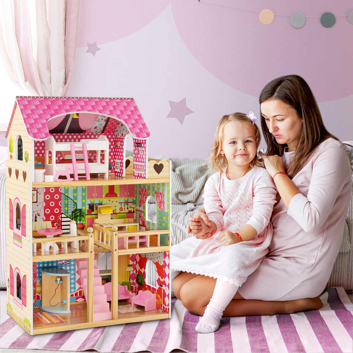 Casa de muñecas con 3 pisos, 6 habitaciones simuladas y 15 muebles - Rosa