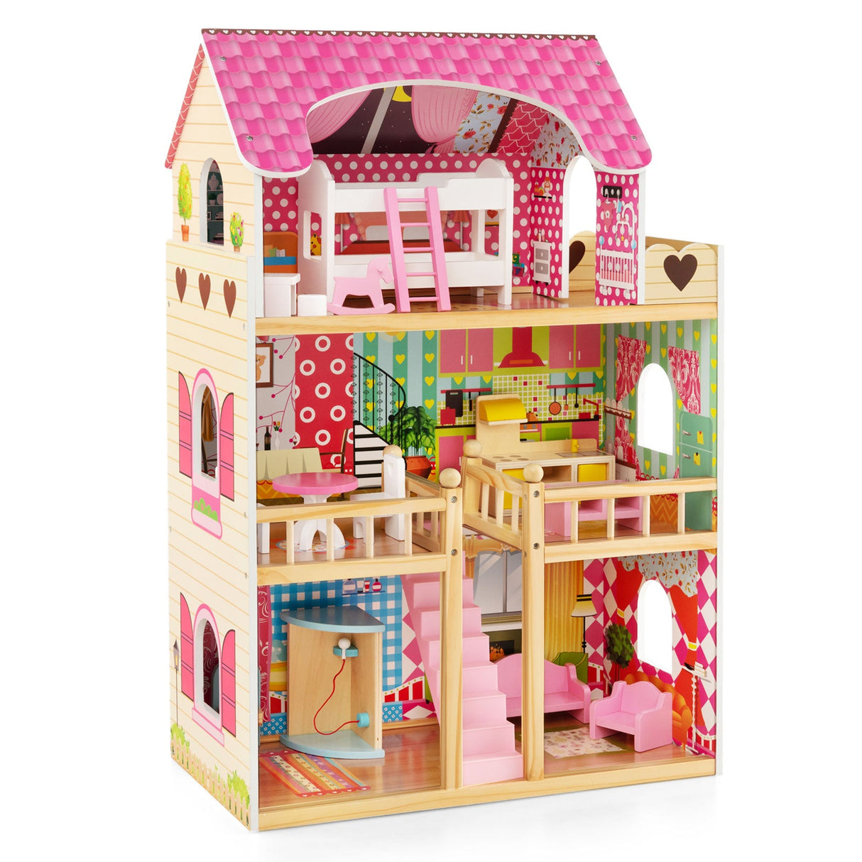 Casa de muñecas con 3 pisos, 6 habitaciones simuladas y 15 muebles - Rosa