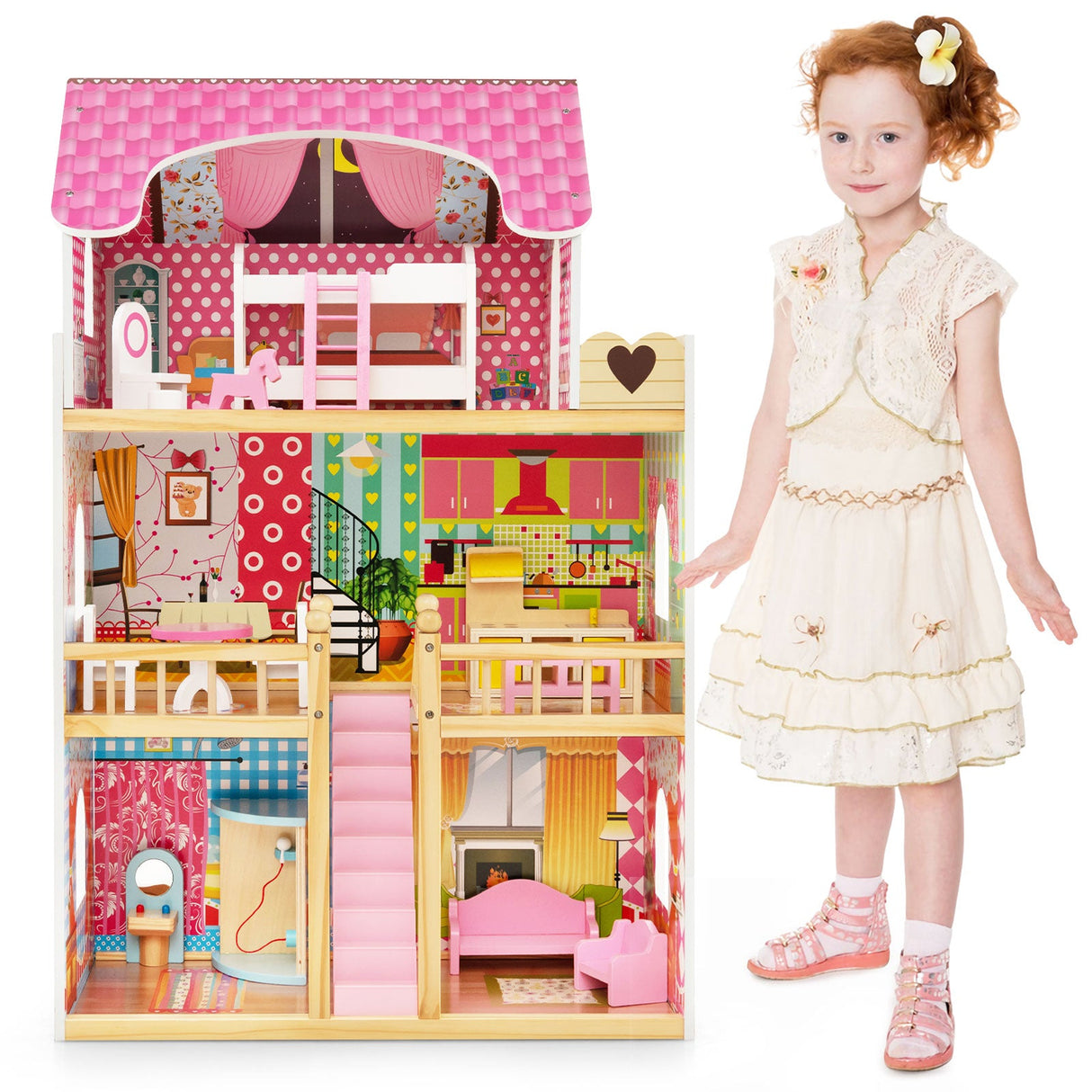 Casa de muñecas con 3 pisos, 6 habitaciones simuladas y 15 muebles - Rosa