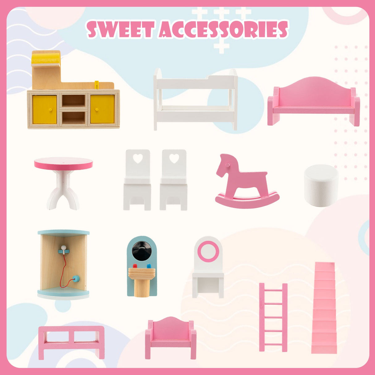 Casa de muñecas con 3 pisos, 6 habitaciones simuladas y 15 muebles - Rosa