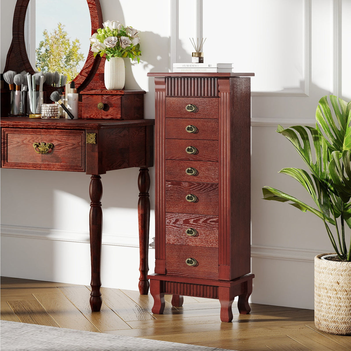 Gabinete de joyería de madera Armario de almacenamiento con cajones y puertas batientes