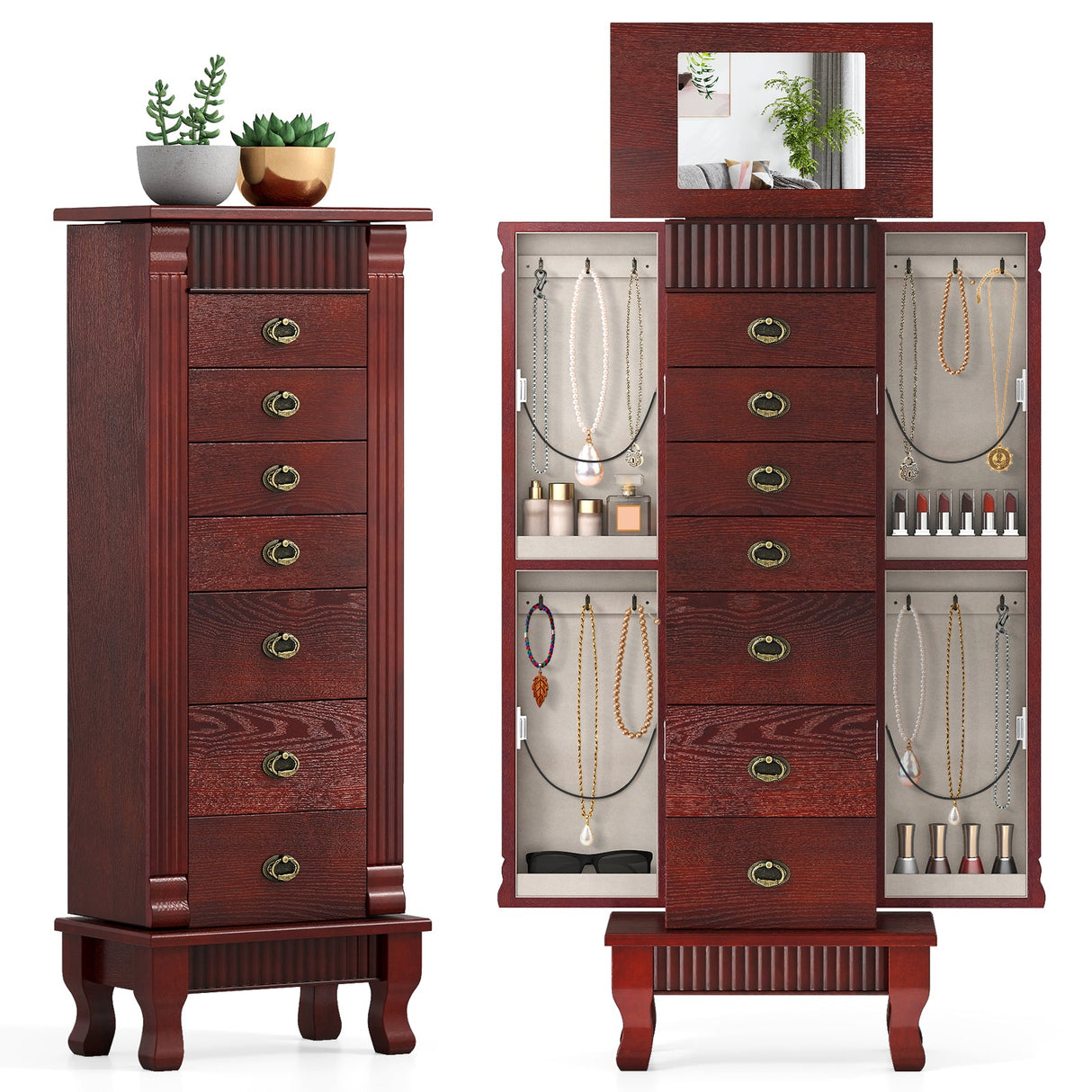 Gabinete de joyería de madera Armario de almacenamiento con cajones y puertas batientes