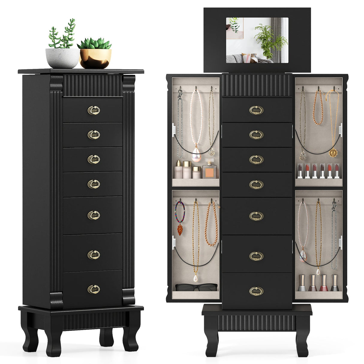 Gabinete de joyería de madera Armario de almacenamiento con cajones y puertas batientes