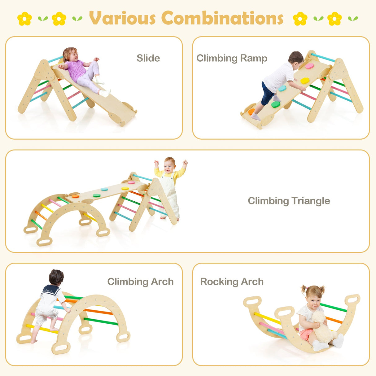 5-in-1 Wooden Kids Climber Toys with Triangle Arch Ramp