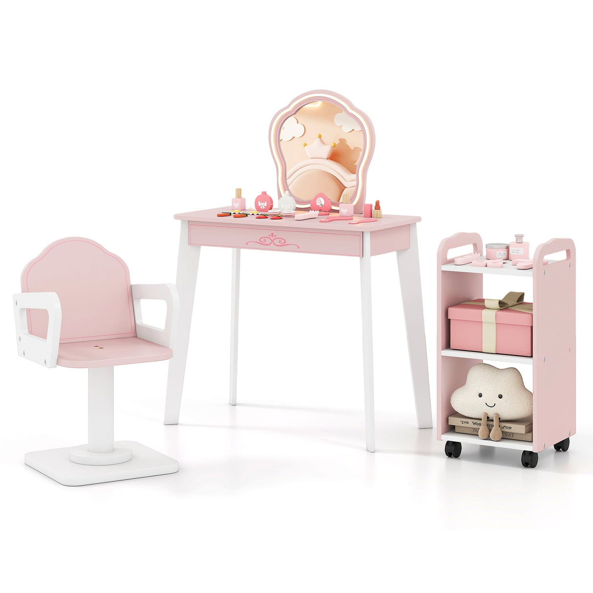 Salón de Belleza de Madera para Niños con Espejo Iluminado LED-Rosa