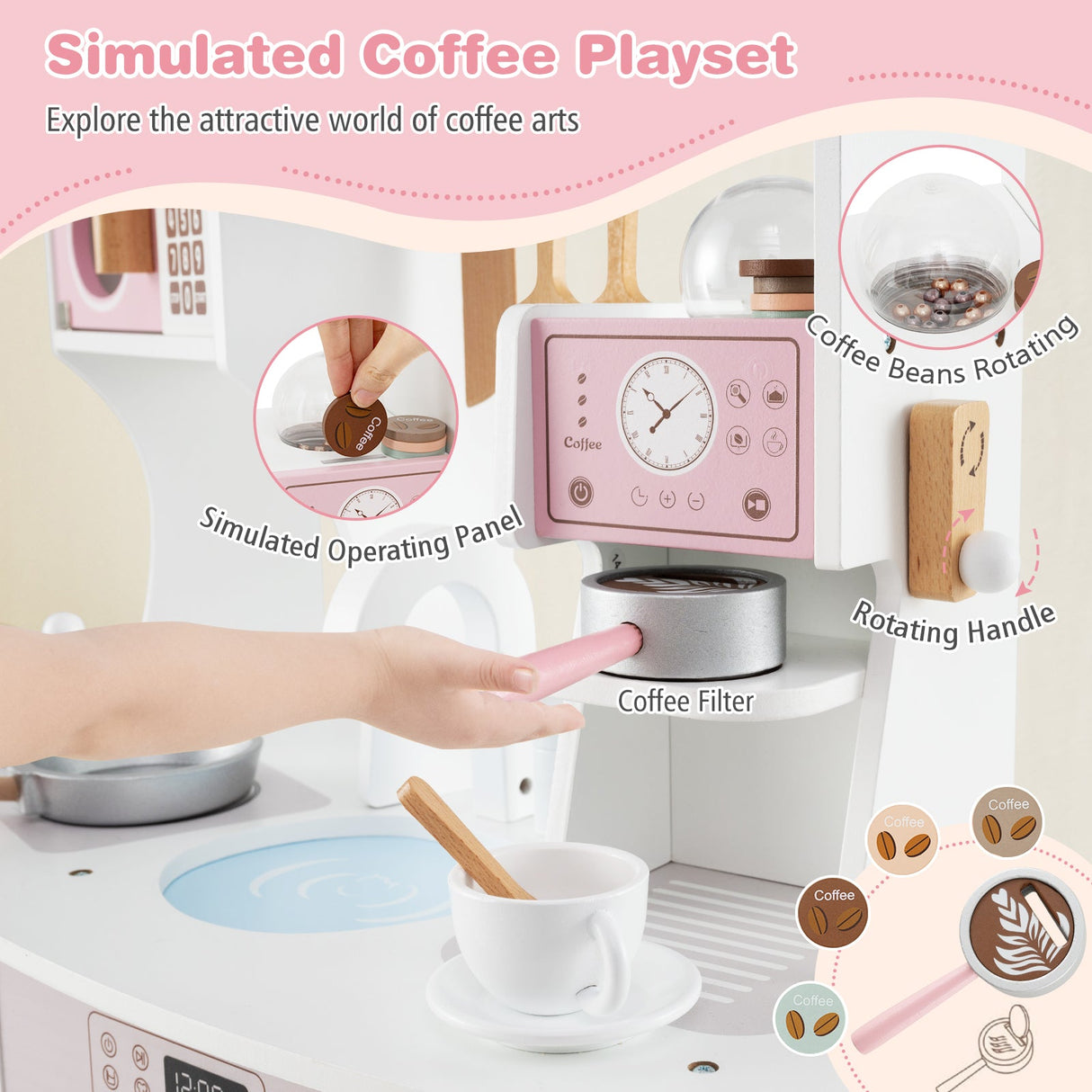 Cocina de juguete de madera para niños con cafetera - Rosa