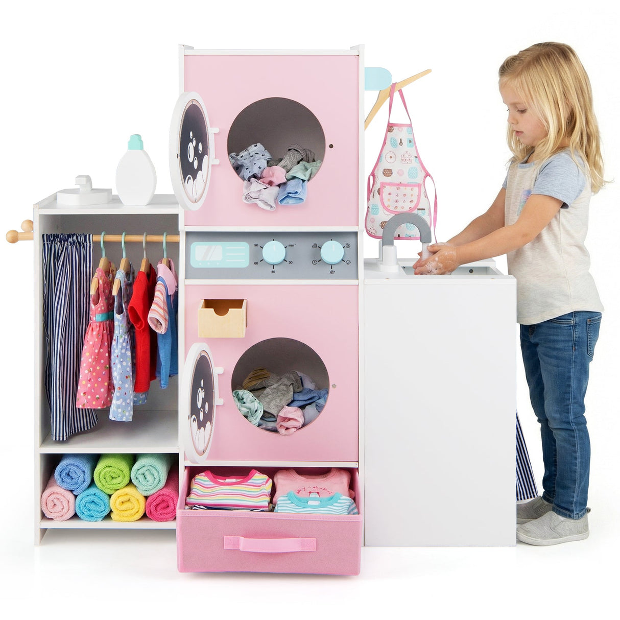 Set de lavandería de madera para niños con botella de detergente y perchas - Rosa