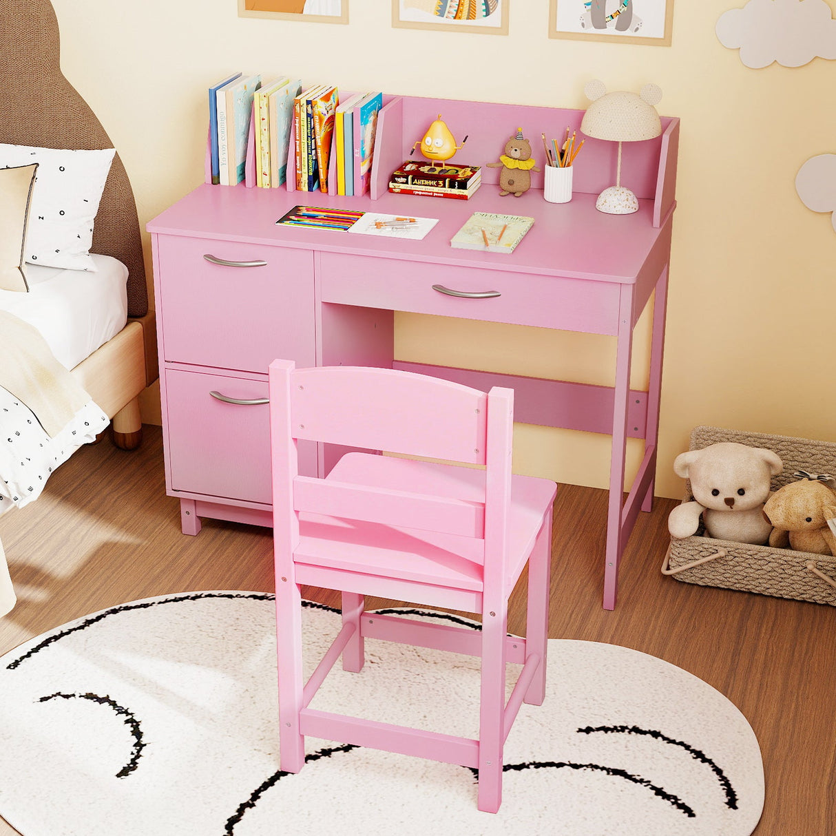 Escritorio y Silla de Estudio de Madera para Niños, Estación de Trabajo para Estudiantes