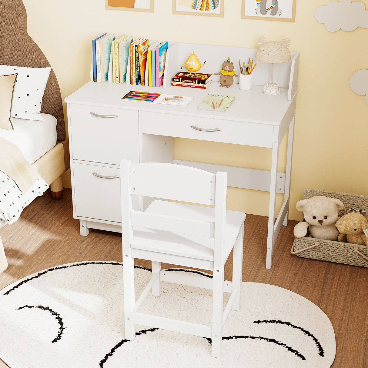 Escritorio y Silla de Estudio de Madera para Niños, Estación de Trabajo para Estudiantes