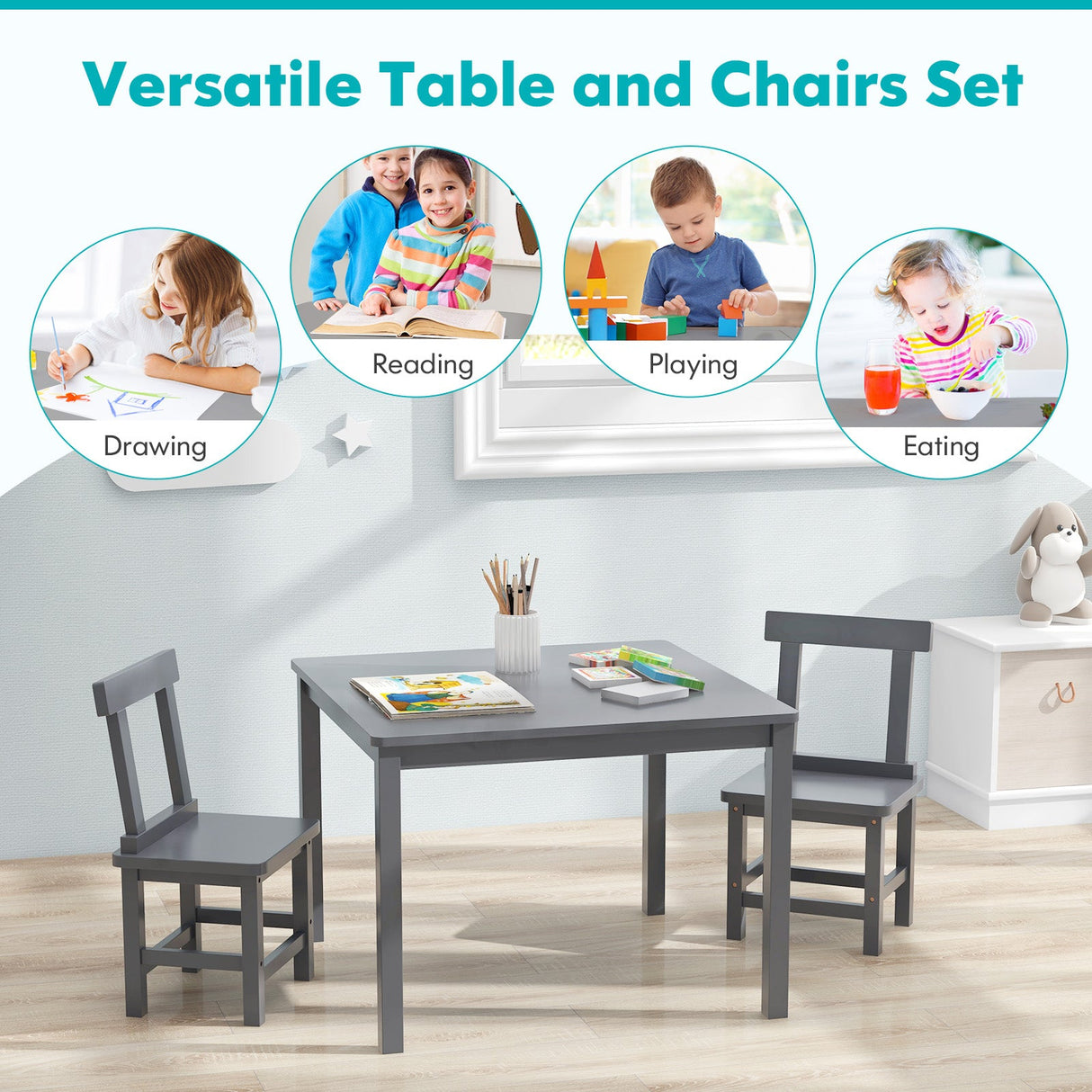 Mesa y 2 sillas de madera para niños con almohadillas antideslizantes para las patas