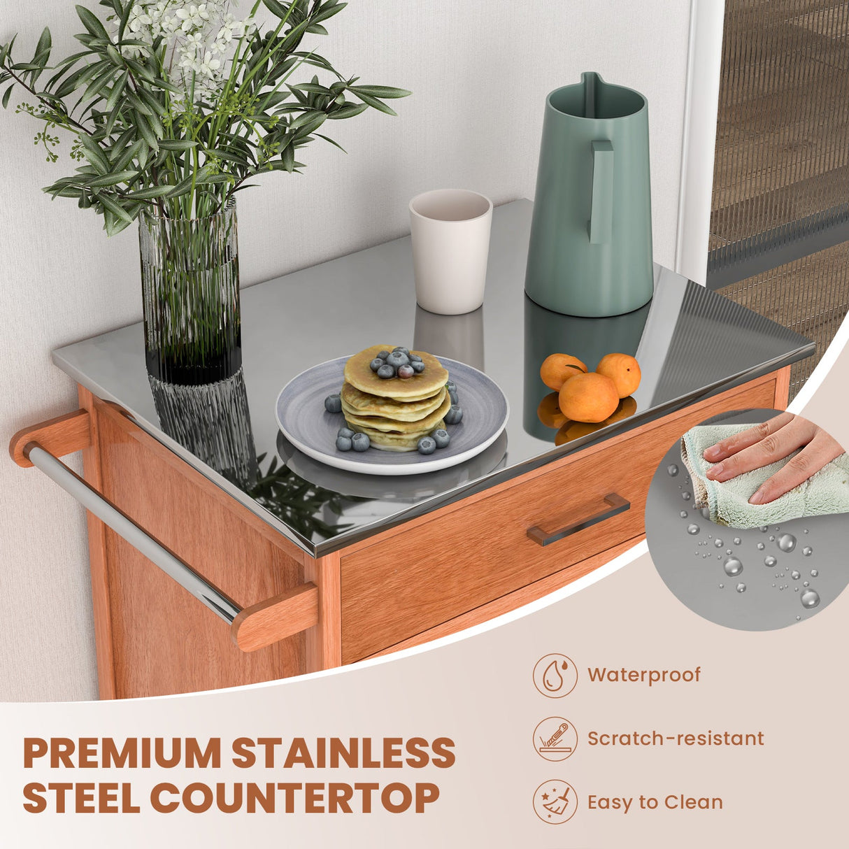 Mueble Auxiliar de Cocina de Madera con Ruedas y Encimera de Acero Inoxidable