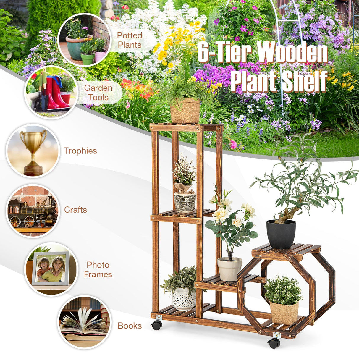 Estantería de madera de 6 niveles con ruedas para plantas - Marrón