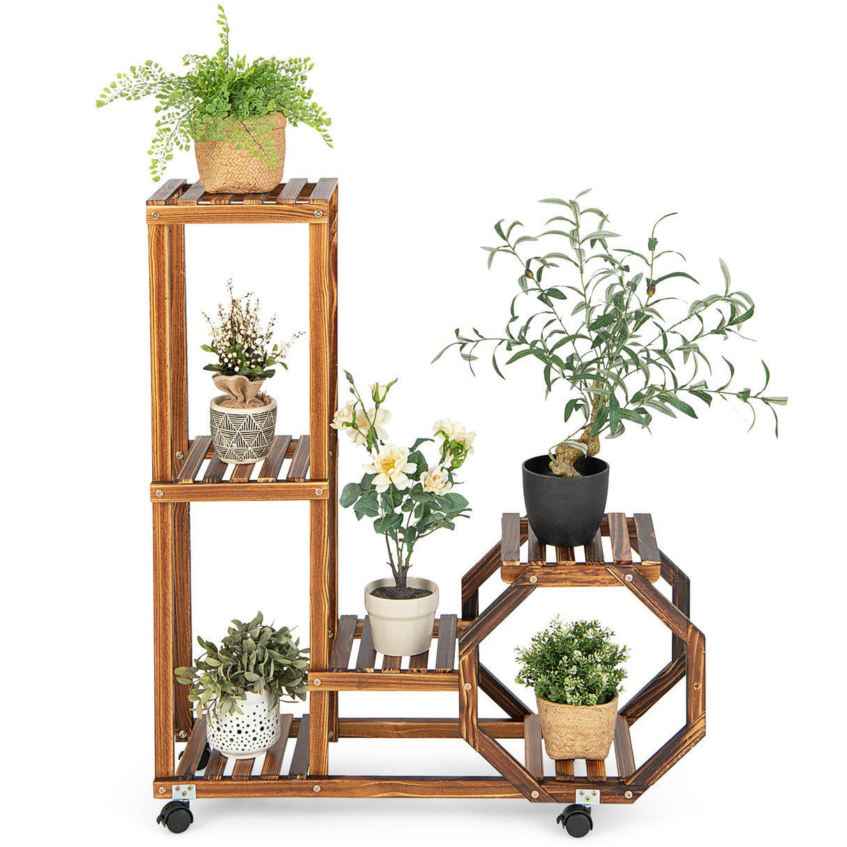 Estantería de madera de 6 niveles con ruedas para plantas - Marrón