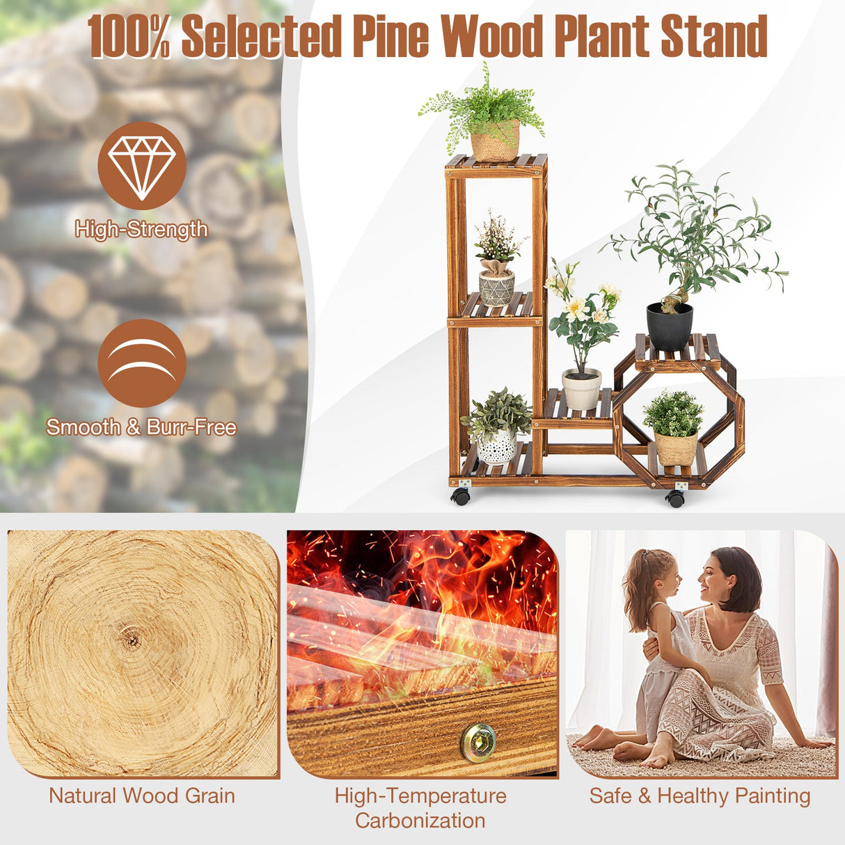 Estantería de madera de 6 niveles con ruedas para plantas - Marrón